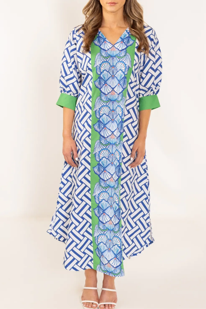 3/4 Cuffed Sleeve Color Block Printed Pocket Maxi Dress