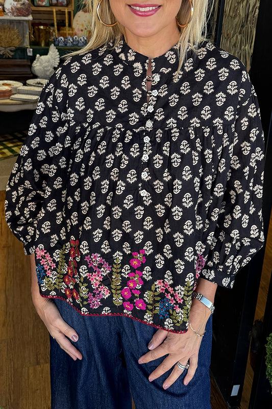 Bubble-Sleeve Embroidered Button  Blouse