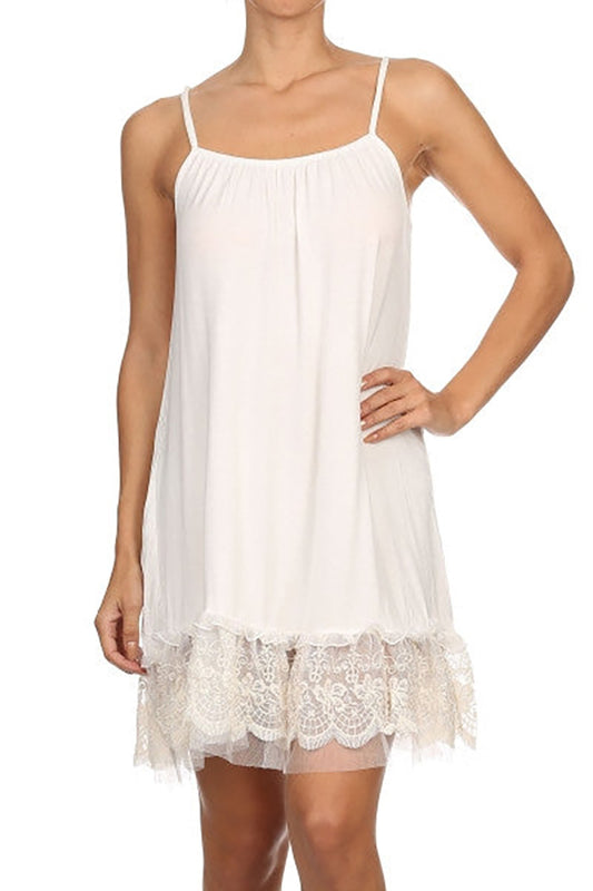 Relaxed White Pinstripe Lace Ruffle Slip Dress