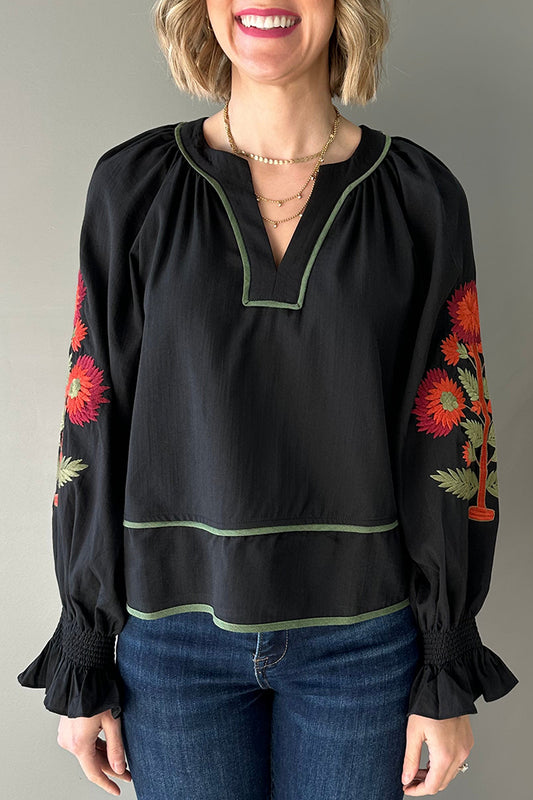 Casual V-Neck Embroidered Top