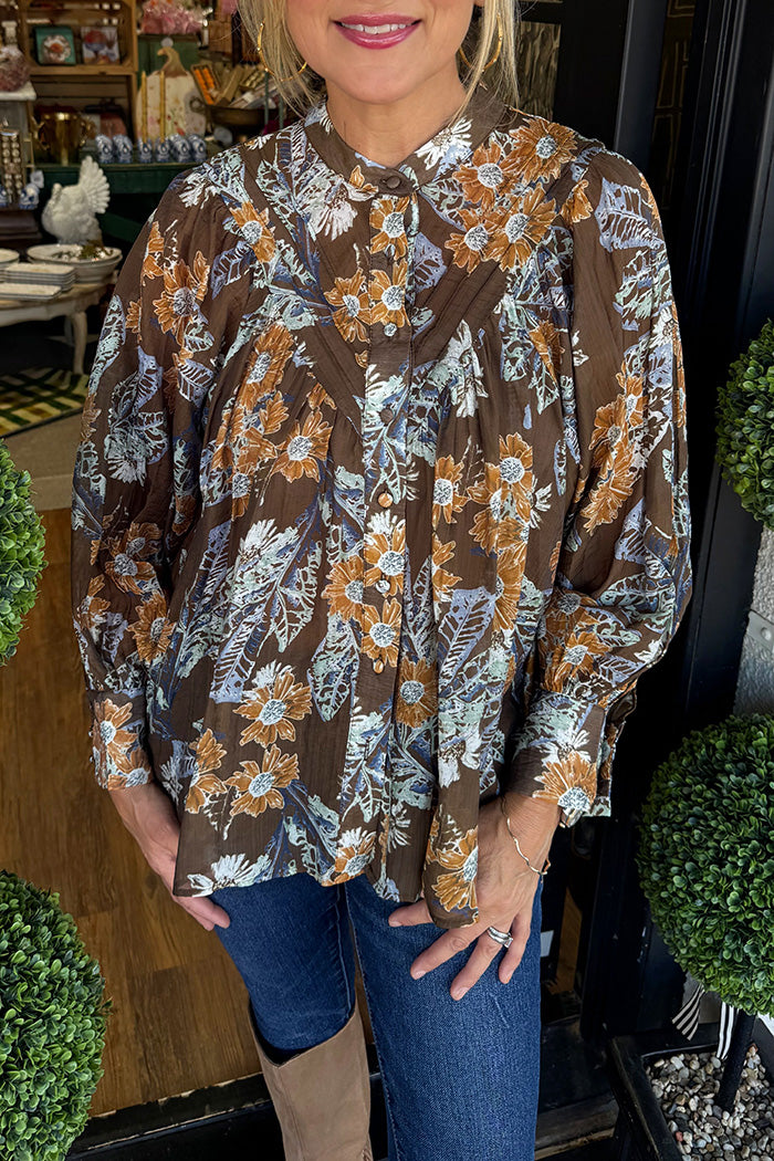 Brown Floral Print Puff Sleeve Top