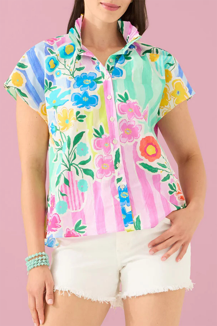 Colorful Floral Ruffle Neck Button Top
