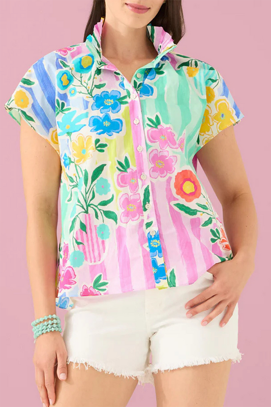 Colorful Floral Ruffle Neck Button Top