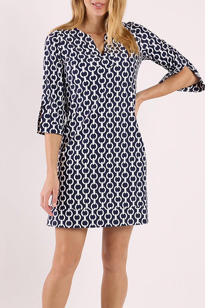 Navy Split Sleeve Printed Shift Dress