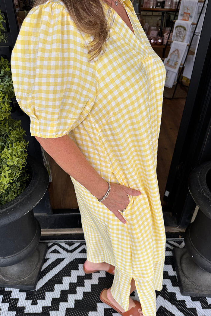 Collared Short Sleeve Gingham Pocket Side Slit Dress