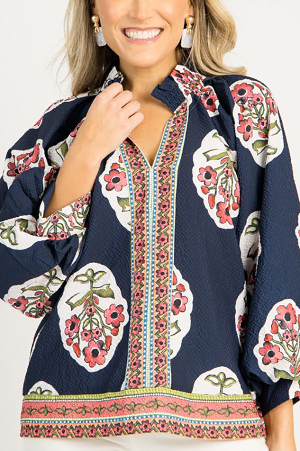 Pleated Collar Floral Top