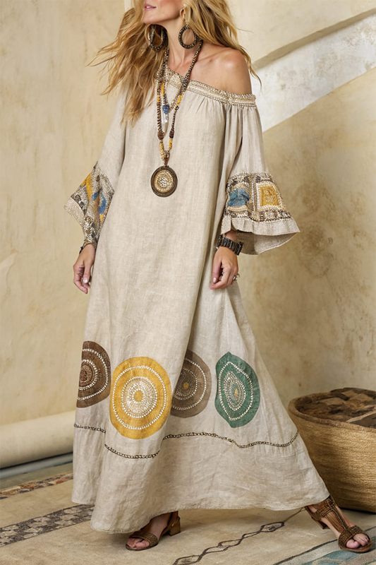 One Shoulder Bell Sleeve Print Maxi Dress