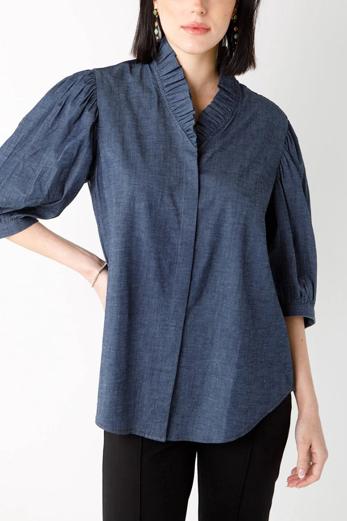 Denim Ruffle Collar Puff Sleeve Top