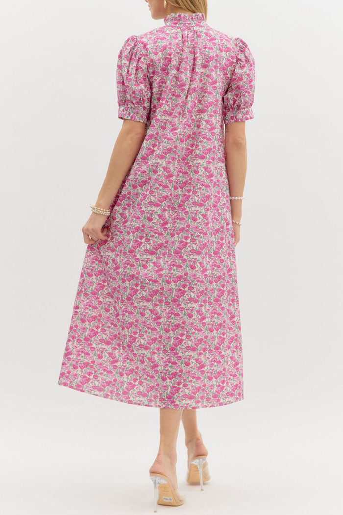 Floral Ruffles Puff Sleeves Pockets Dress