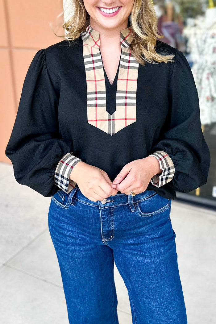 Casual Plaid Trimmed Top