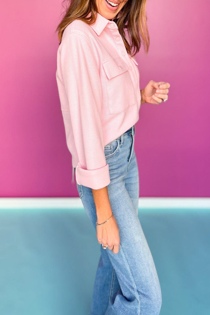 Waffle Knit Pocket Shacket Top