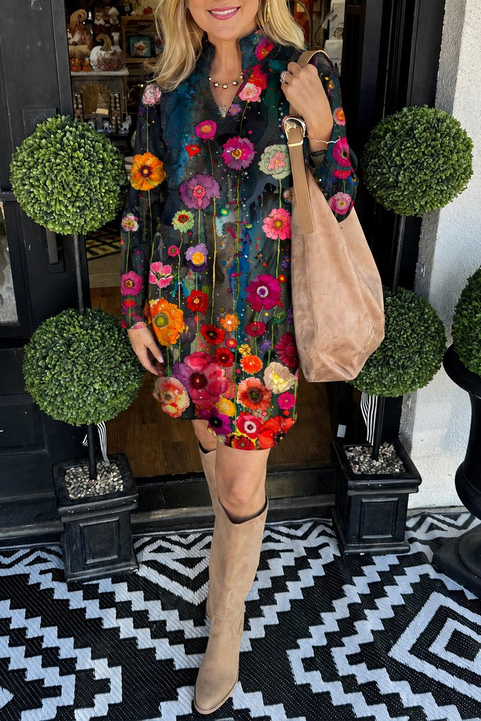 Boho Colorful Floral Pocket Shirt Dress