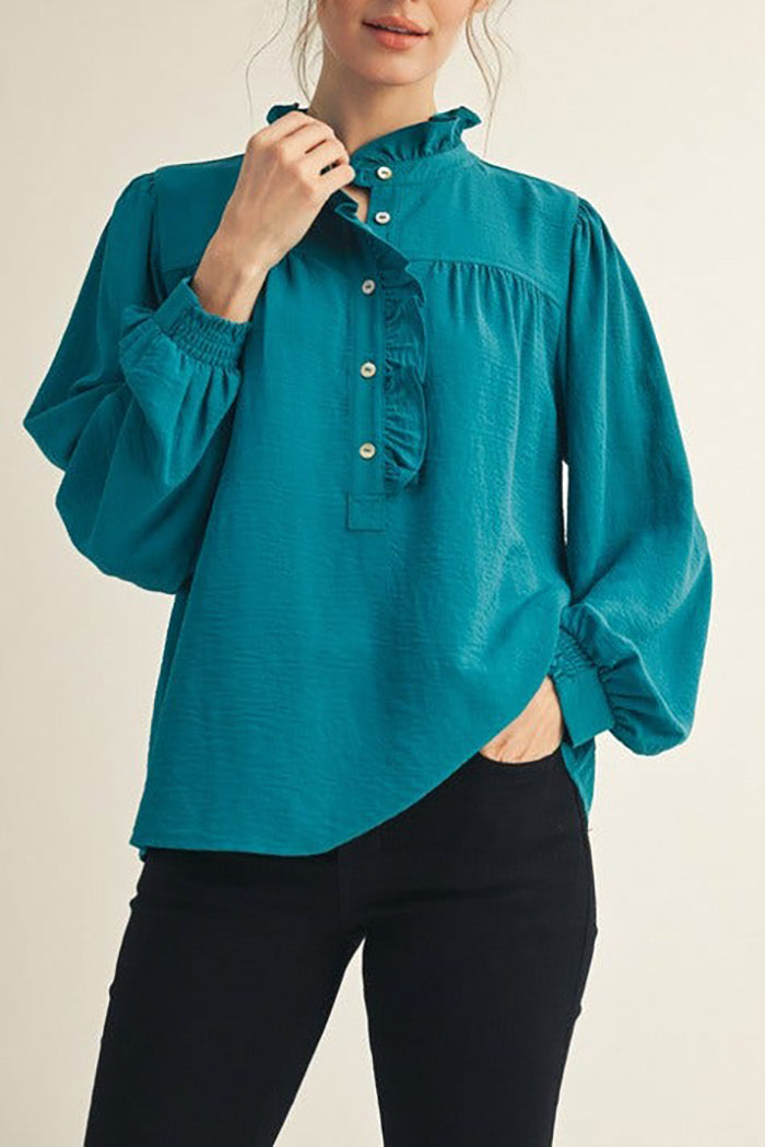 Ruffled Mock-Neck Button Top