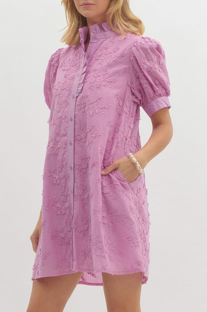 Puff Sleeve Embroidered Pocket Dress