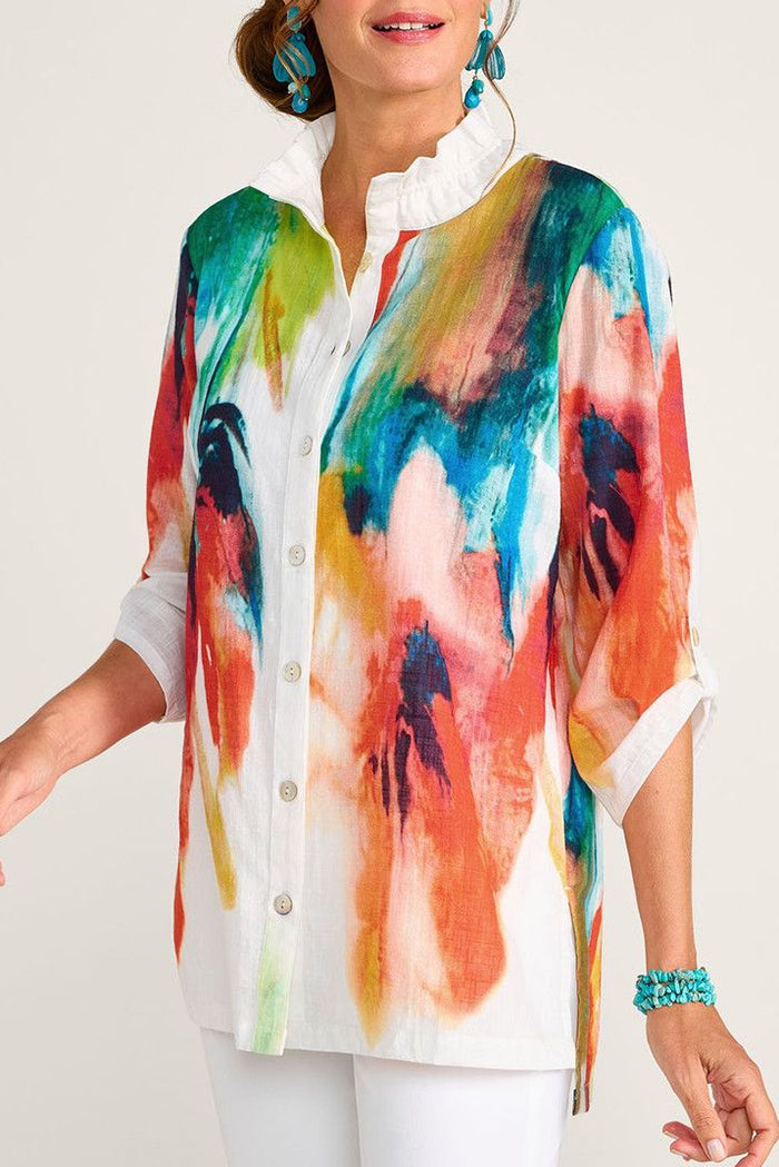Watercolor Print Ruffle Neck Button Front Top
