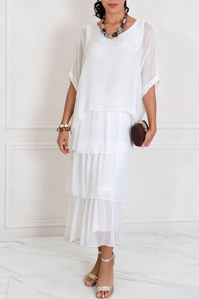 Round Neck Batwing Sleeve Tiered Ruffle Maxi Dress