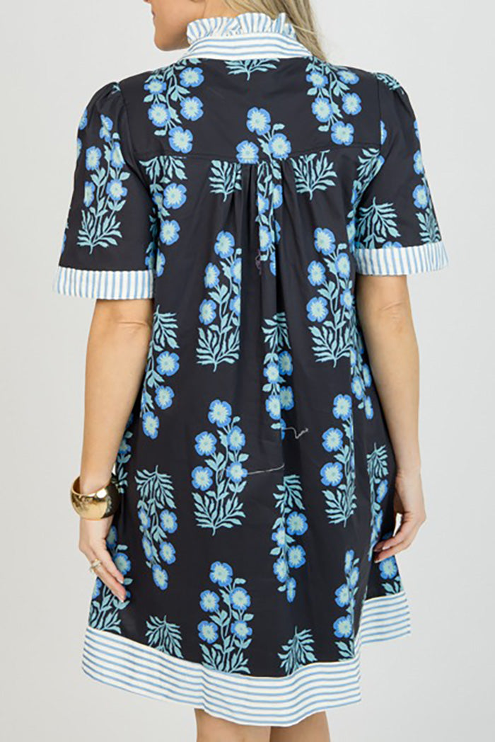 Pocketed Floral Stripe Trim Dress