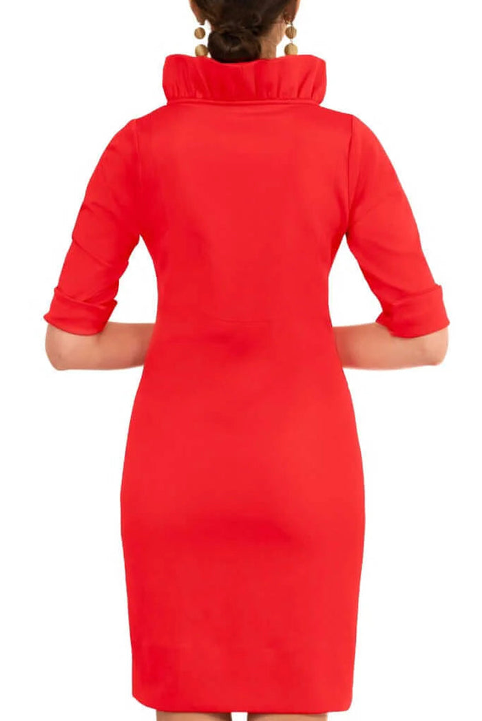 Ruffled Stand-Neck 3/4 Sleeve Sheath Dress
