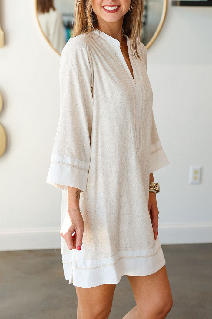 Trim 3/4 Sleeve Pocket Linen Dress
