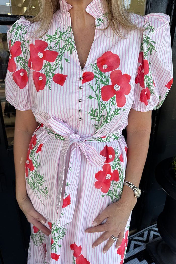 Belted Puff Sleeve Floral Midi Dress