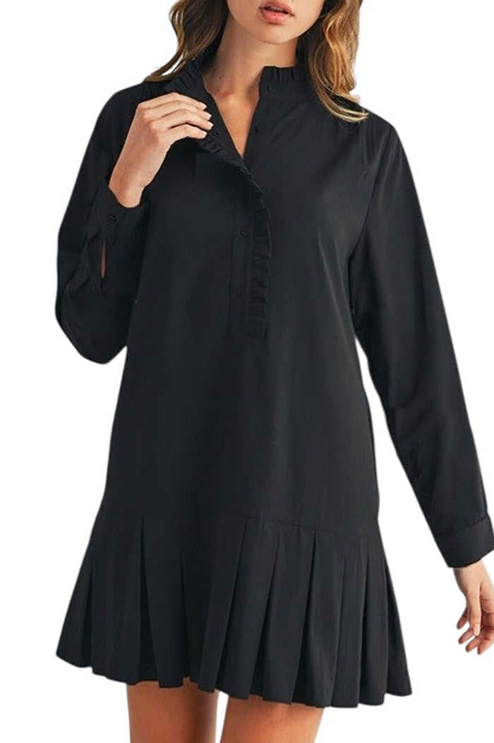 Pleated Hem Pocket Mini Shirt Dress