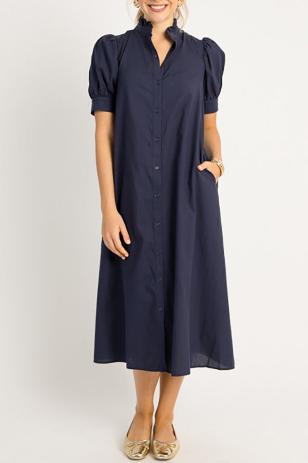 Solid Color Puff Sleeve Dress