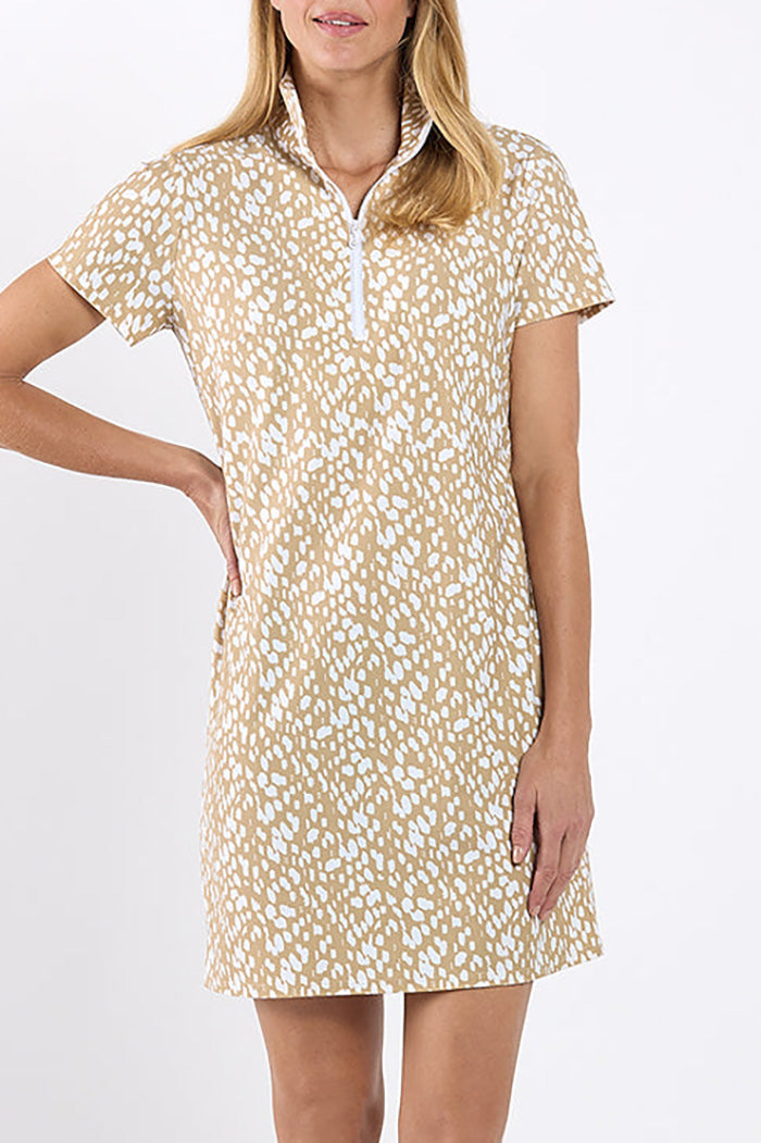 Beige Spotted Zip Neck Shift Dress
