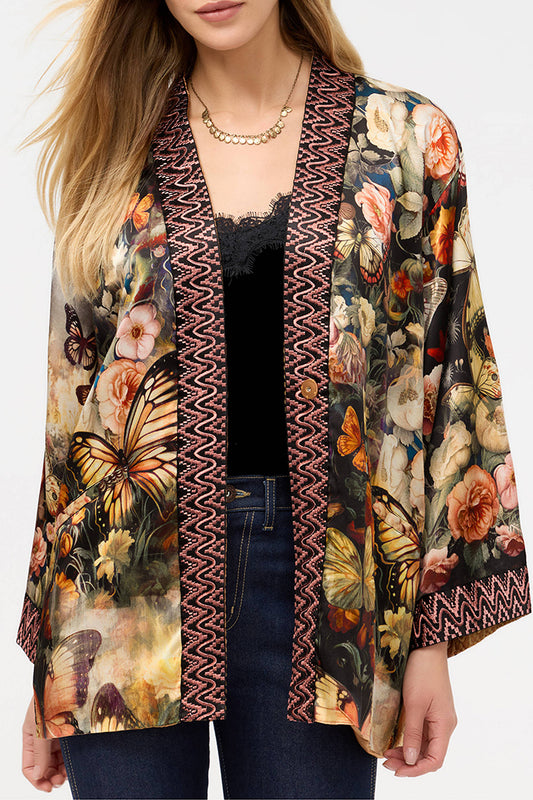 Reversible Floral Butterfly Patterned Trim Cardigan
