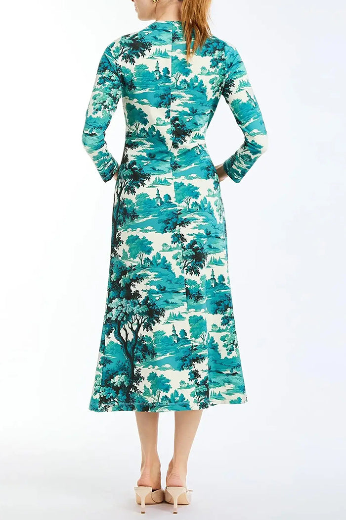 Landscape Print Long-Sleeve Midi Dress