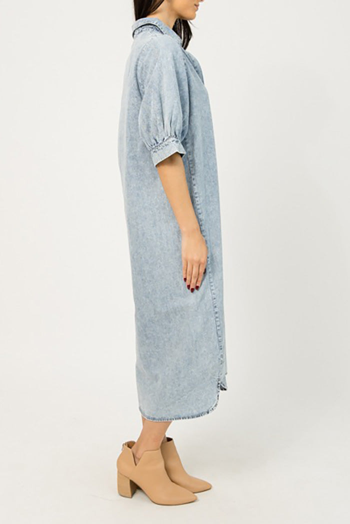 Washed Denim Collared Midi Dress