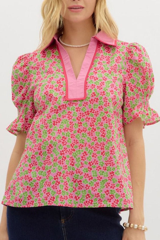 V-Neck Short Sleeved Floral Top