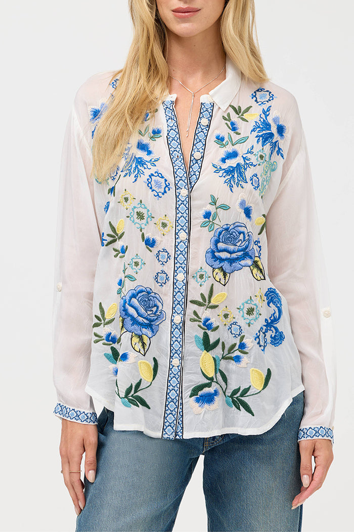Blue Floral Lemon Print Shirt Top