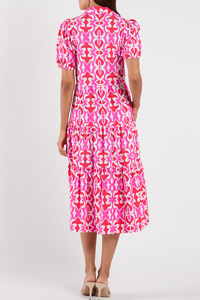 Puff Sleeve Pocket Tiered Midi Dress