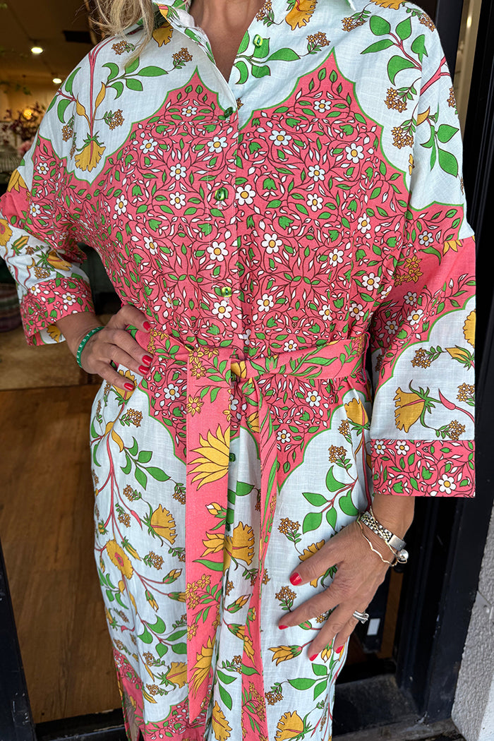 Border Print Belted Shirt Dress