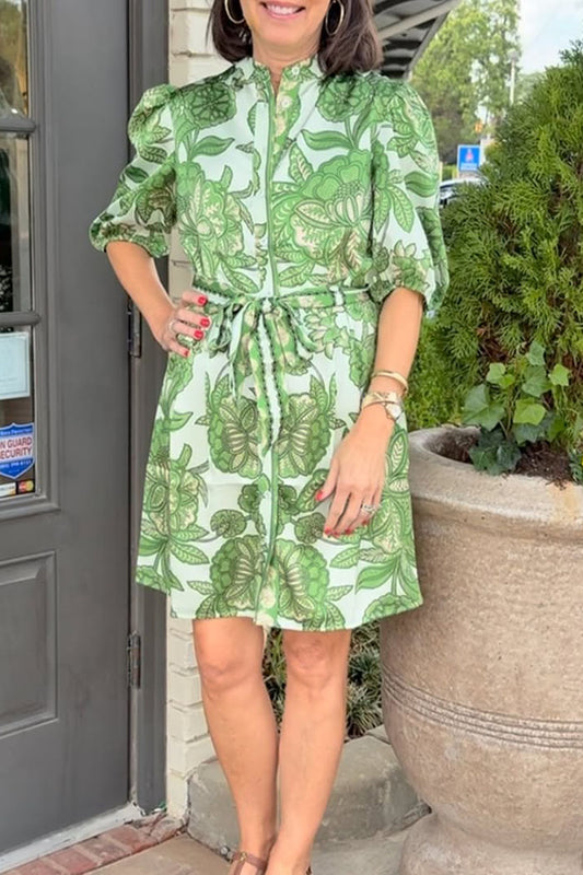 Floral Print Half Sleeve Button Dress