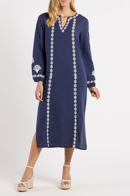 Navy Embroidered V-Neck Midi Dress