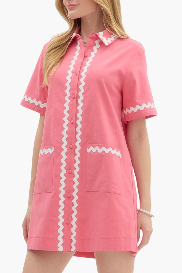 Zigzag Trim Button Pocket Dress