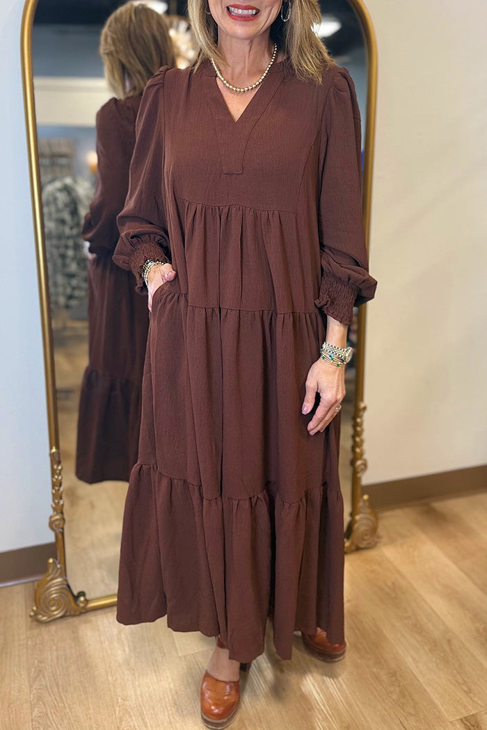 Pocketed Smocked Cuff Tiered Midi Dress
