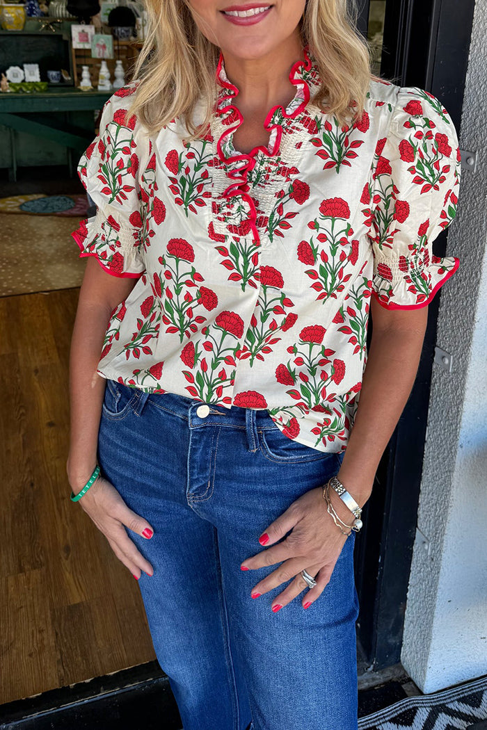Floral Ruffle Collar Puff Sleeve Top