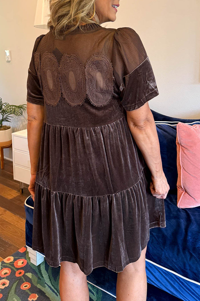 Lace Sheer-Yoke Velvet Shift Dress