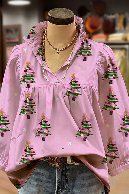 Print Ruffled V-Neck Puff-Sleeve Blouse