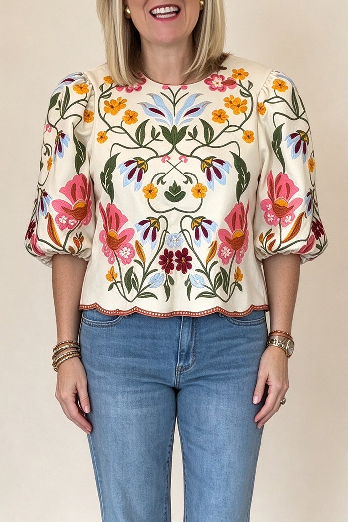 Embroidered Floral Puff Sleeve Top
