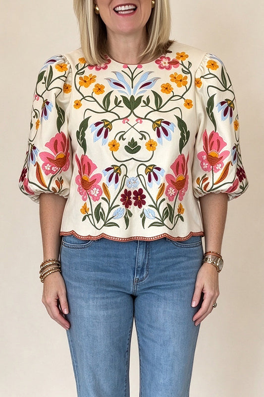 Embroidered Floral Puff Sleeve Top