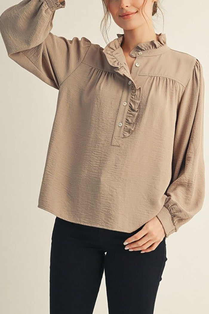 Ruffled Mock-Neck Button Top