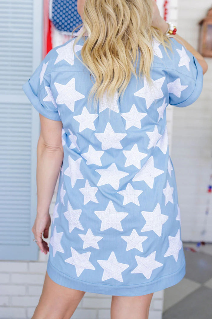 Cuffed Sleeve Pocketed Star Shirt Dress