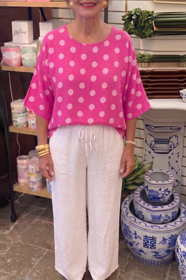 Polka Dot Linen Top And Linen Pants Set