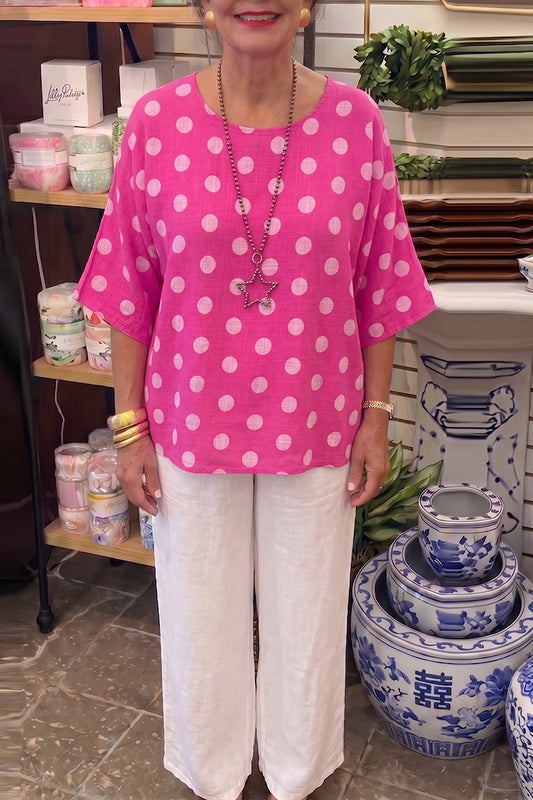 Polka Dot Linen Top And Linen Pants Set