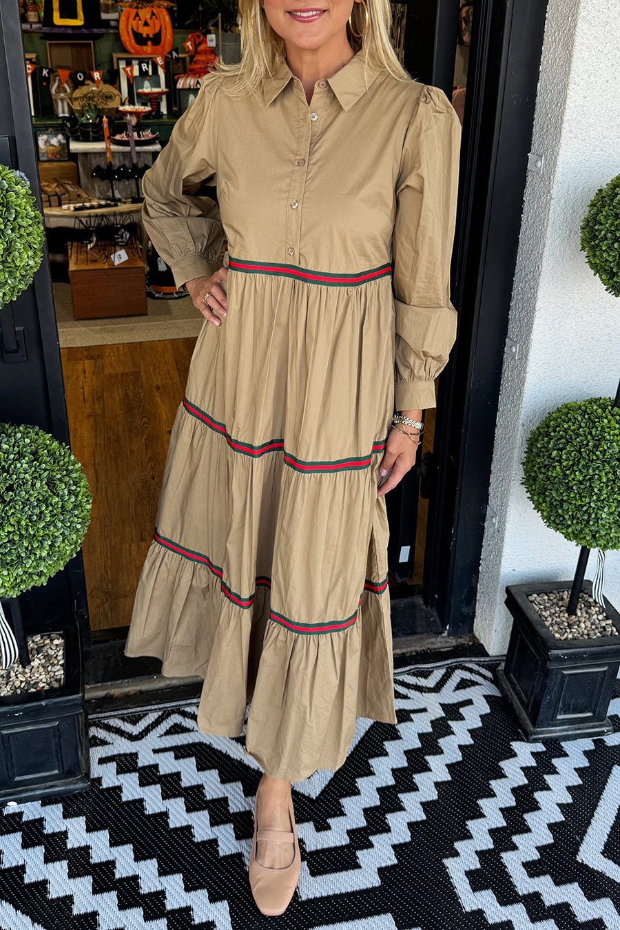 Tiered Long Sleeve Pockets Dress