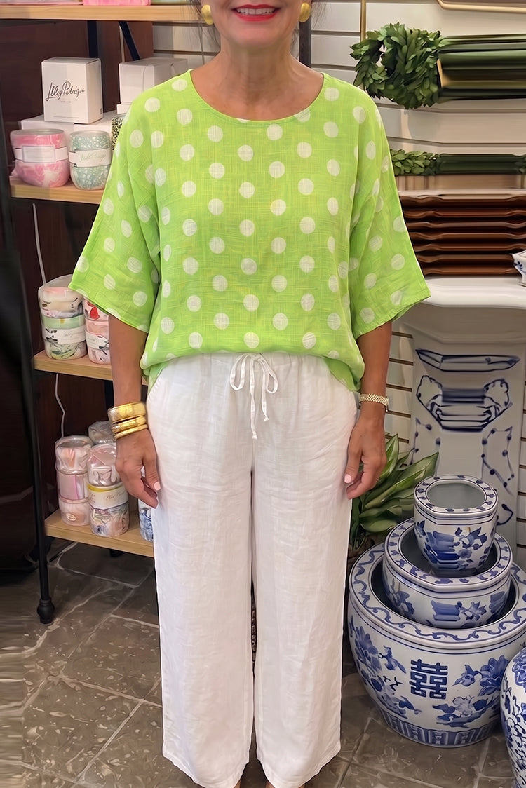 Polka Dot Linen Top And Linen Pants Set