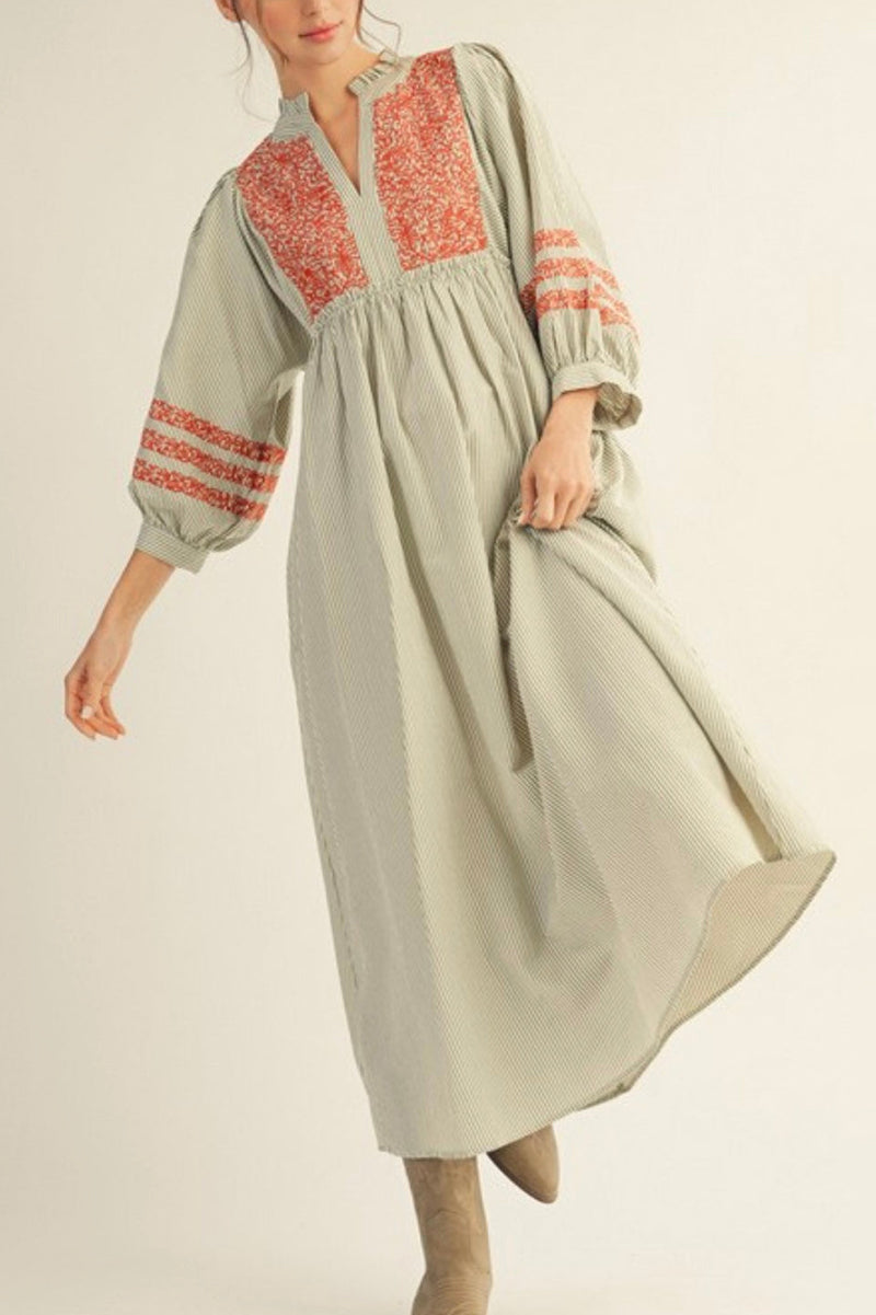 Embroidered Stripes Maxi Dress
